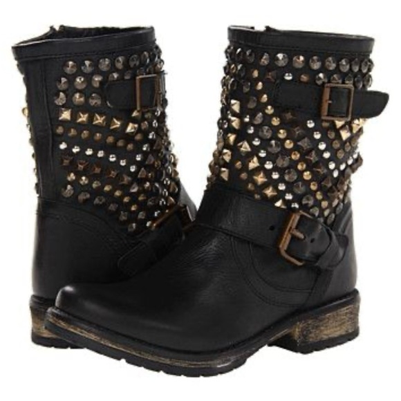 Steve Madden Shoes - Steve Madden Black and Gold Leather Studded Moto Boots